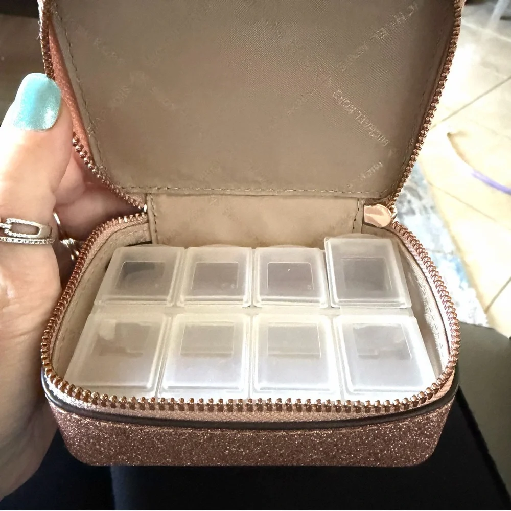 Michael Kors Shimmering Glitter Gold travel pill medication or jewelry case NEW!